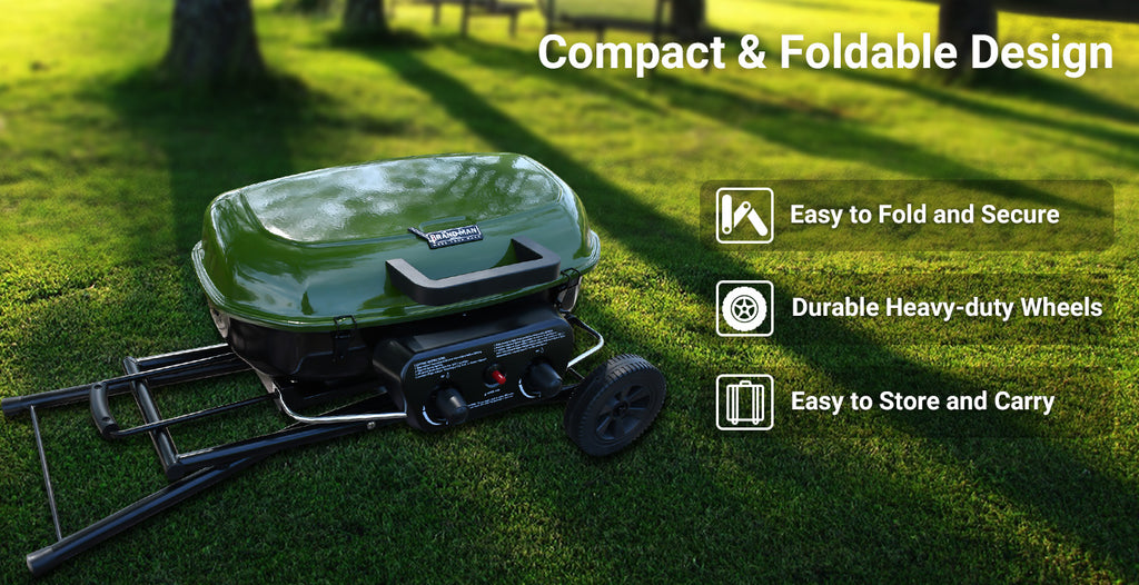 Portable 2-Burner Camping Propane Gas Grill, Enameled Foldable BBQ with Griddle for Outdoor Cooking, Green