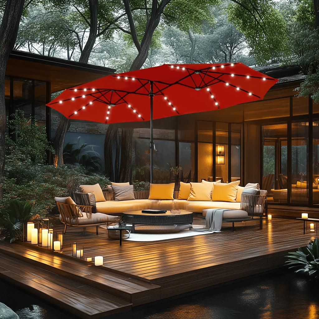 13-foot Double-sided Patio Umbrella with Solar Lights, Includes Base Stand, Large Outdoor Patio Umbrella with Crank Handle, Oversized Outdoor Market Umbrella, 12 Heavy-duty Ribs, Suitable for Outdoor, Market, Patio, Deck, Pool, Backyard, and Other