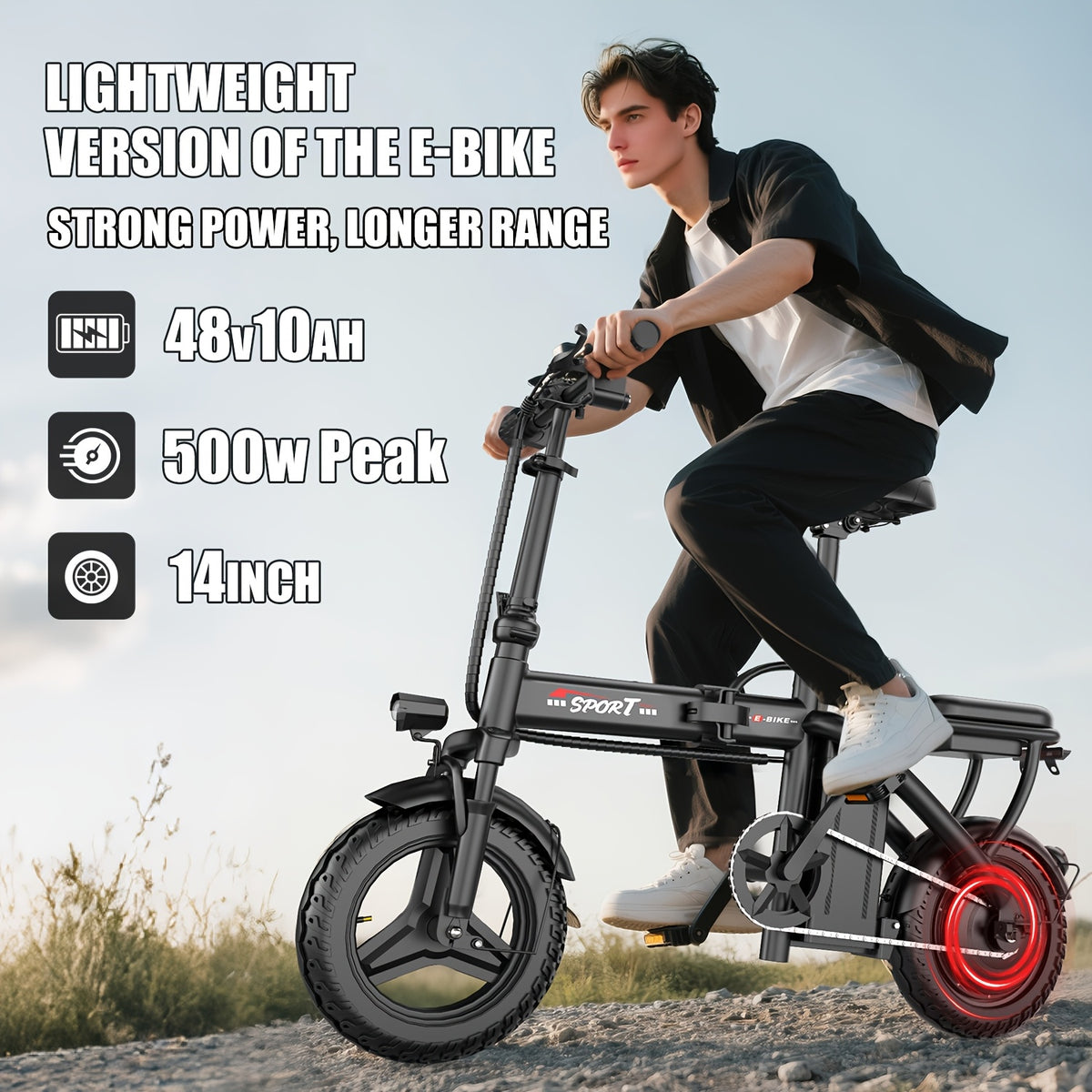 Folding Electric Bicycle, Peak Power 500 Watts, 20 Miles/Hour Brushless Motor, 14-Inch Tires, 48-Volt 10 Ampere-Hour Detachable Battery, Adult Electric Bicycle, Electric Bicycle, Suitable for Urban Commuting, Is The Best Choice for a Gift