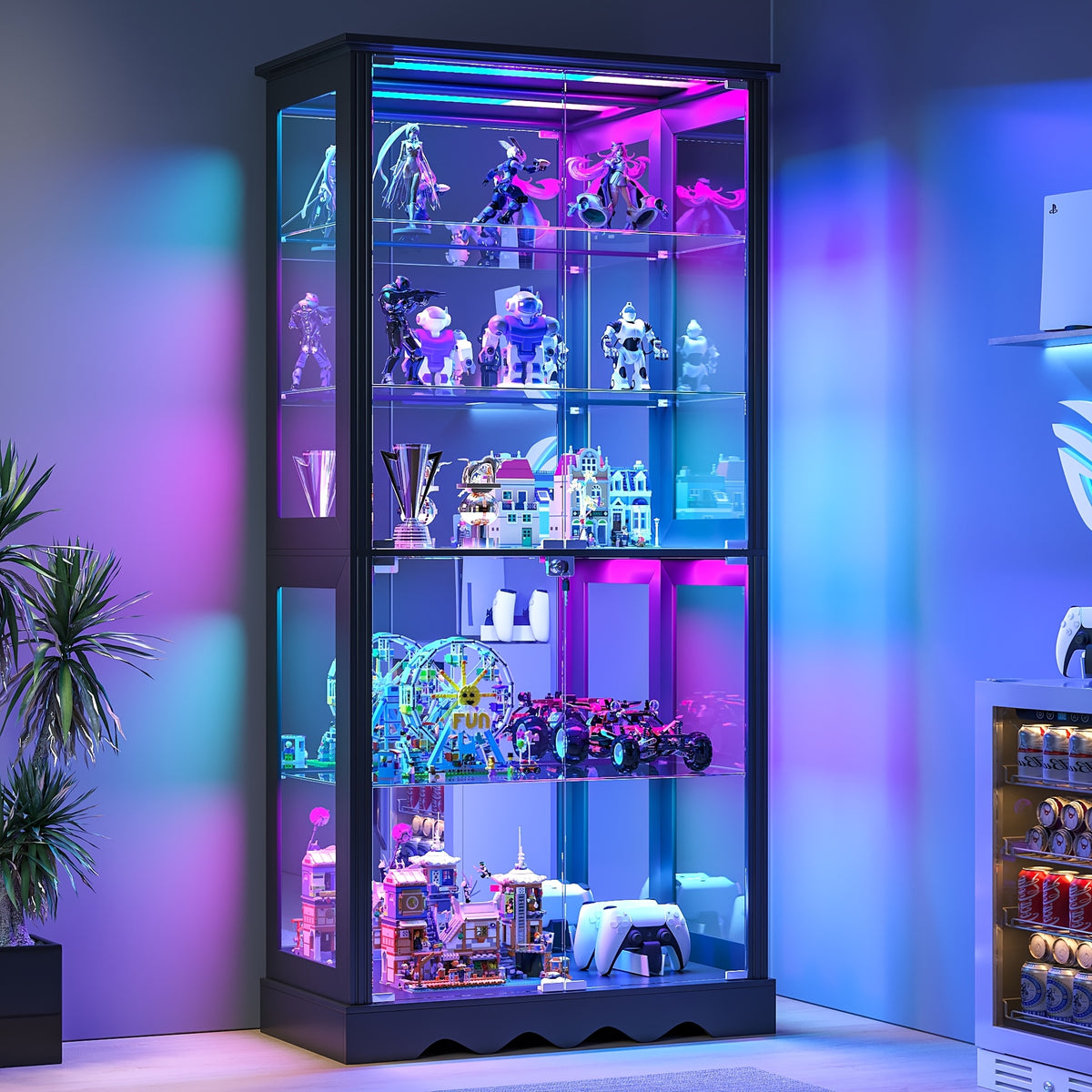 Display Cabinet with Glass Doors, 71'' Tall Curio Cabinet with RGB Lights for Collectibles, LED Display Case with Removable Shelf for Book/Medal/Figure, Black And White