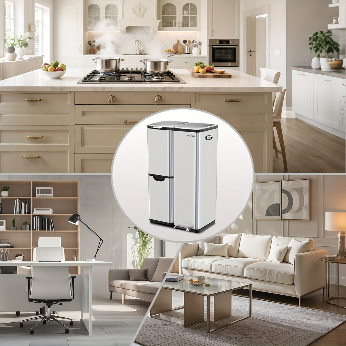 16 Gallon/60L Heavy-Duty Stainless Steel 3-Compartment Trash Can with Dual-Action Pedal & Hands-Free Operation, Odor-Proof Wet/Dry Separation System, Silent Close Lid, Removable Bins - Commercial/Residential Kitchen/Office Waste Disposal