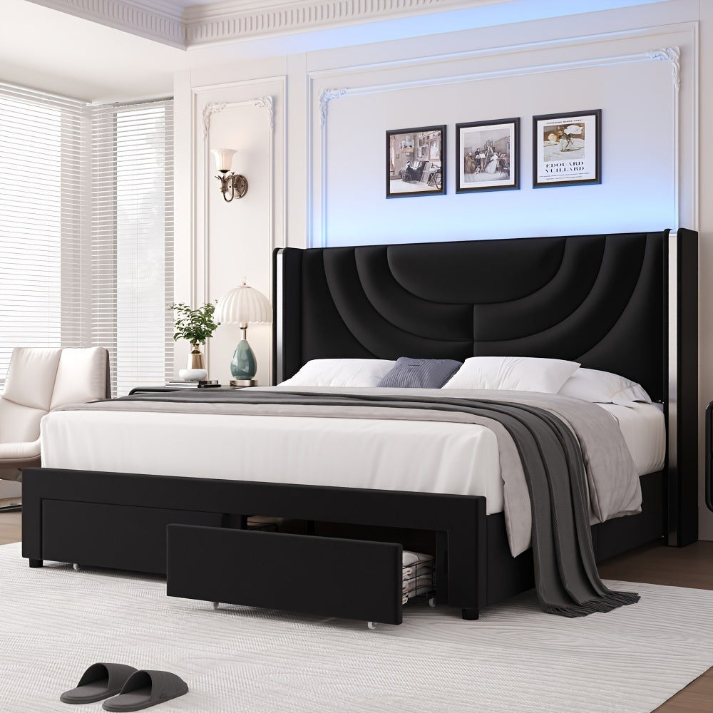 FULTRU Full/Queen/King Upholstered LED Bed Frame with 2 Storage Drawers, Velvet Platform Bed with Wingback Headboard, Solid Wooden Slats Support, No Box Spring Needed, Headboard Splicing Design, Halloween Home Decoration, Christmas Gifts