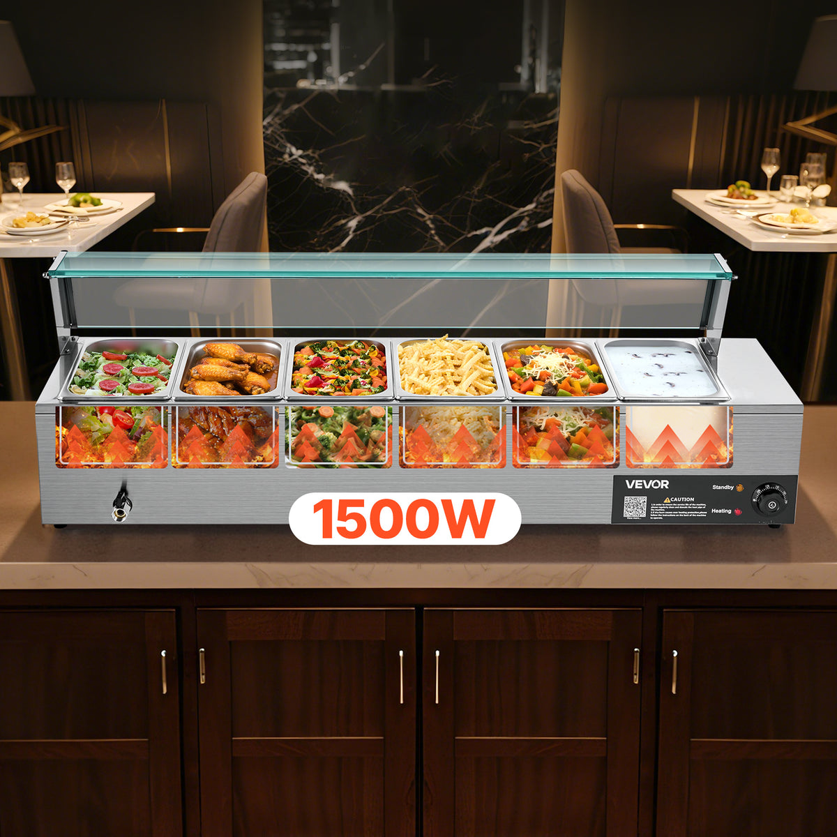VEVOR Commercial Food Warmer, 1500W Electric Stainless Steel Steam Food Warmer with Glass Cover, 6 x 1/3 Size Pans Buffet Bain Marie with Soup & Perforated Ladles, for Catering, Restaurant & Party