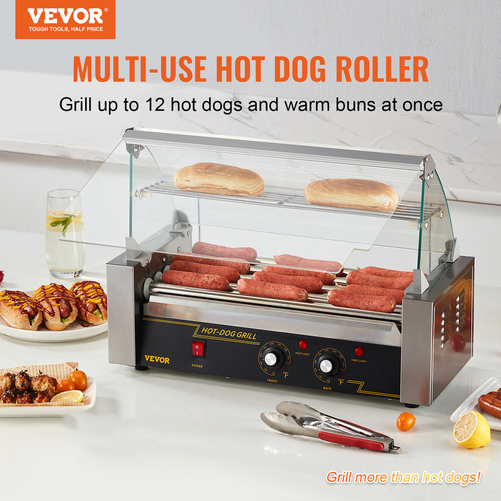 VEVOR Hot Dog Roller 5 Rollers 12 Hot Dogs /7 Rollers 18 Hot Dogs Capacity, Stainless Sausage Grill Cooker Machine with Dual Temp Control Glass Hood Acrylic Cover Bun Warmer Shelf Removable Oil Drip Tray