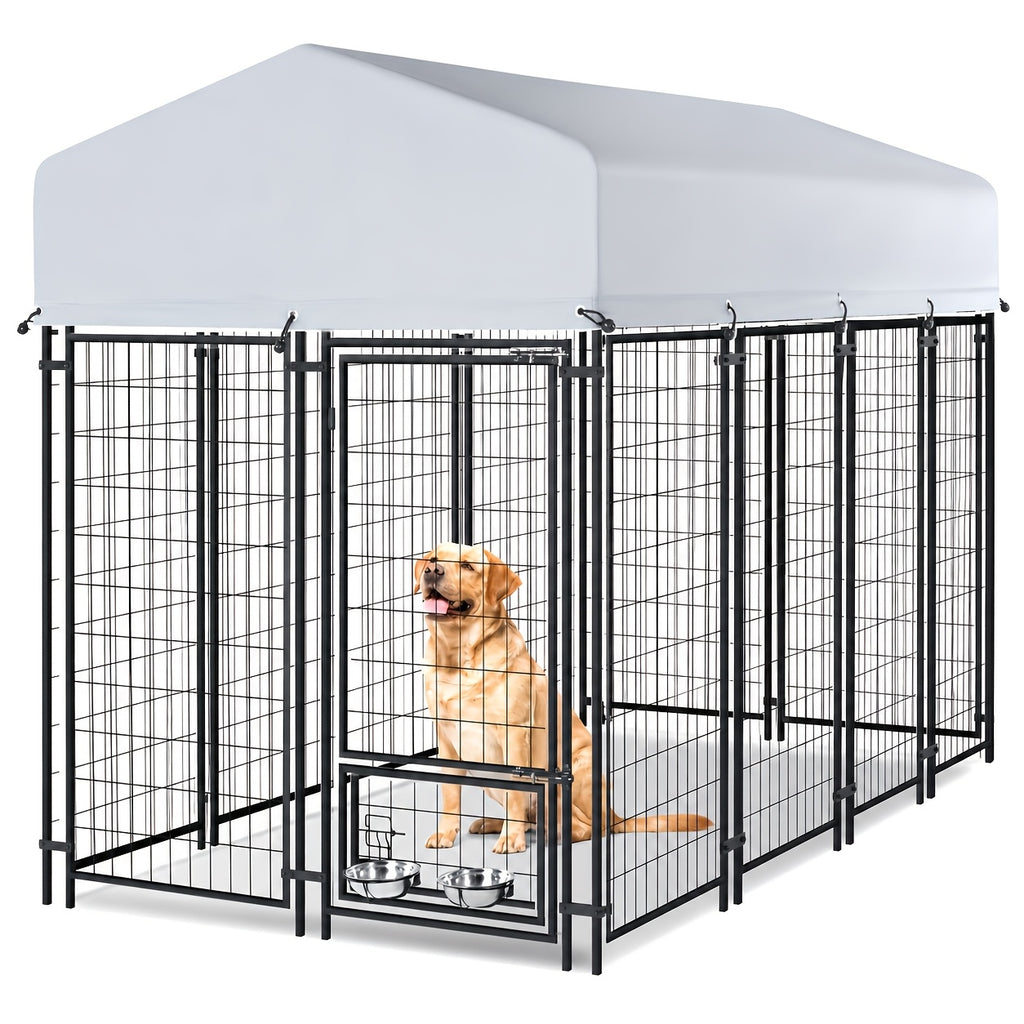 Heavy Duty Outdoor Dog Kennel for Large Dogs - Welded Steel Wire Playpen with Secure Lock, Waterproof Roof Cover & 2 Rotating Bowls, Easy to Assemble, Perfect for Small/Medium/Large Dogs
