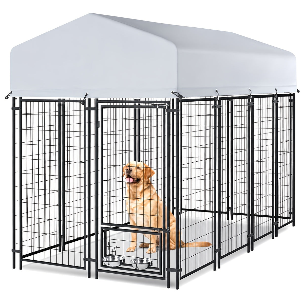 Heavy Duty Outdoor Dog Kennel for Large Dogs - Welded Steel Wire Playpen with Secure Lock, Waterproof Roof Cover & 2 Rotating Bowls, Easy to Assemble, Perfect for Small/Medium/Large Dogs