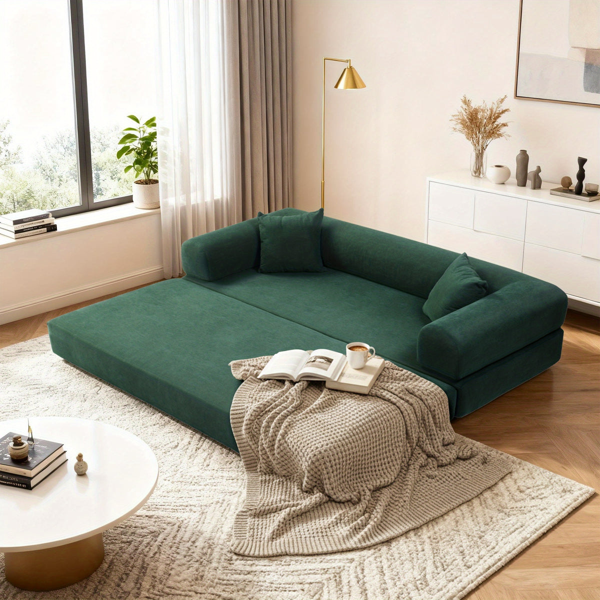 80" Convertible Sofa Bed, 3-in-1 Corduroy Folding Pull Out Couch with Pillows, No Assembly Modern Boneless Couch Compression Sofa In Box, Floor Sofa with Side Storage Pocket for Living Room