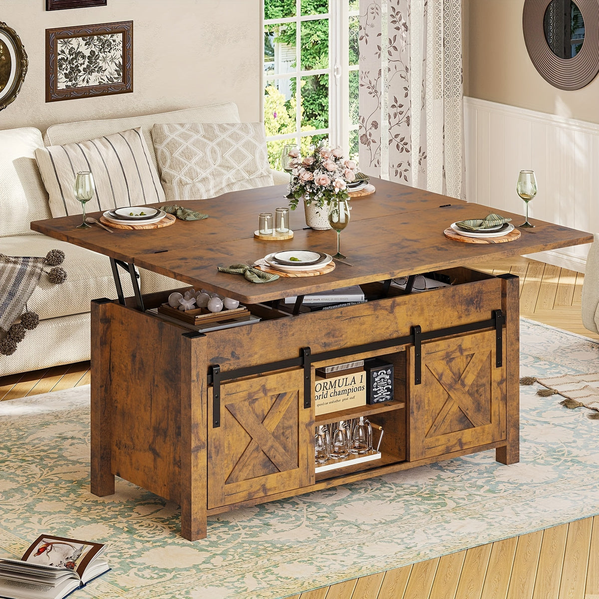 Farmhouse Lift Top Coffee Table with Hidden Compartments And Open Shelves, Center Table with Sliding Barn Door for Living Room Home Office, Light Oak Gray