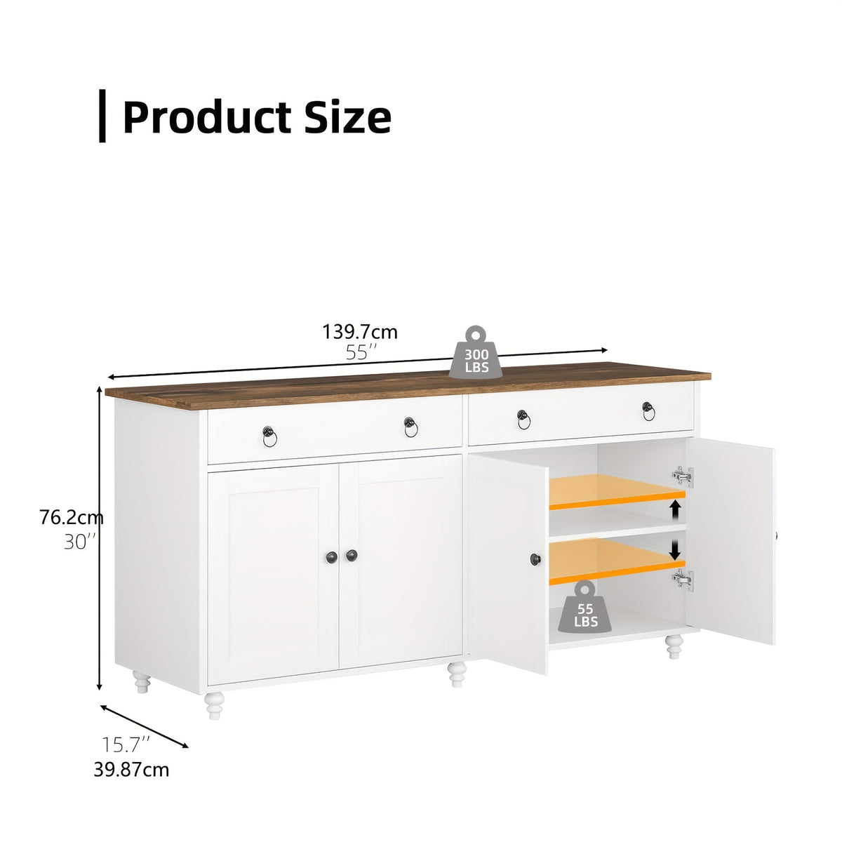 55-Inch Sideboard Buffet Unit, Mid-Century Kitchen Storage Cabinet Featuring 2 Drawers And 4 Doors, Coffee Bar Storage Cabinet