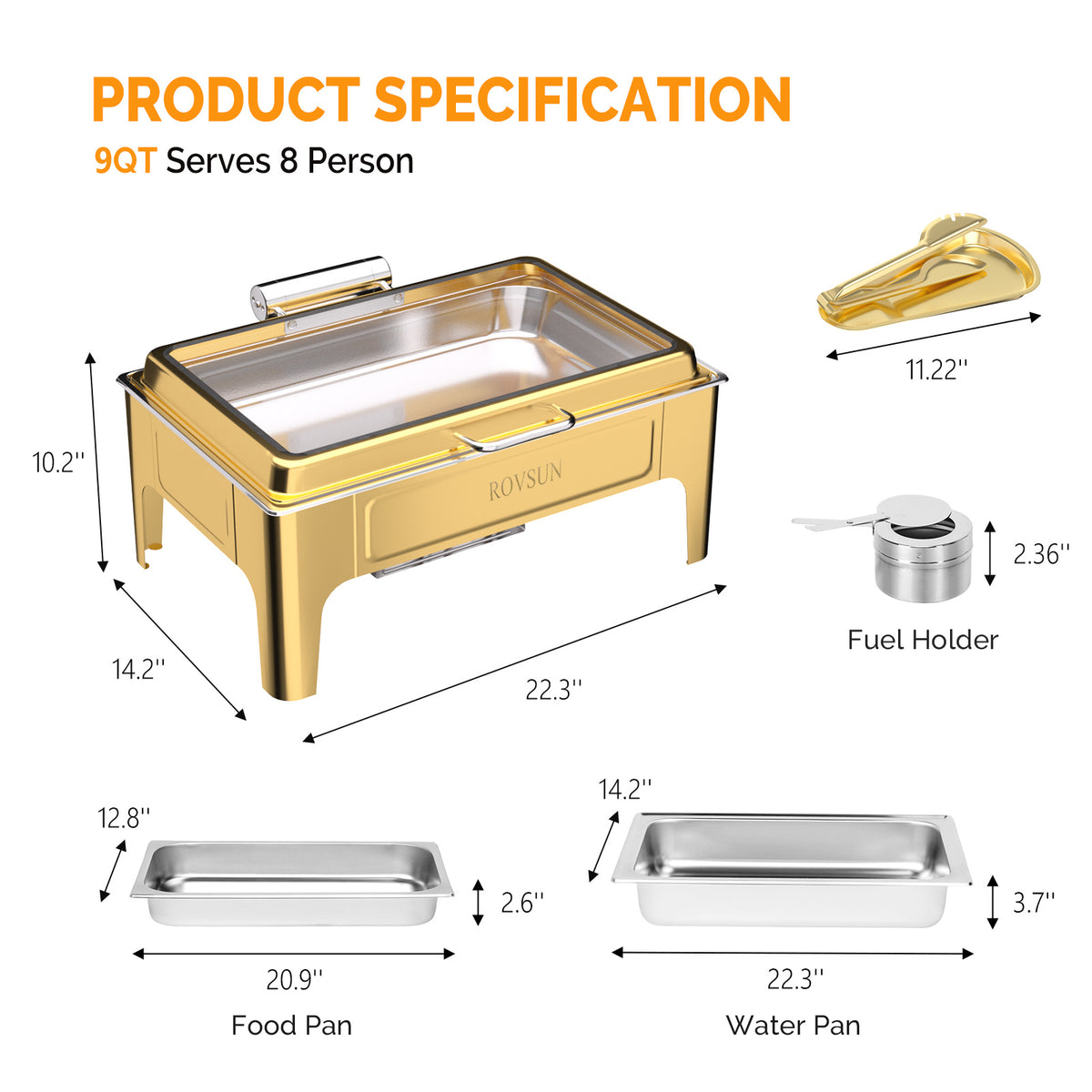 9QT square 304 stainless steel hot pot, hydraulic glass cover and food pot - golden buffet heater, suitable for catering, parties, events and home use only for cooking (1 pack))