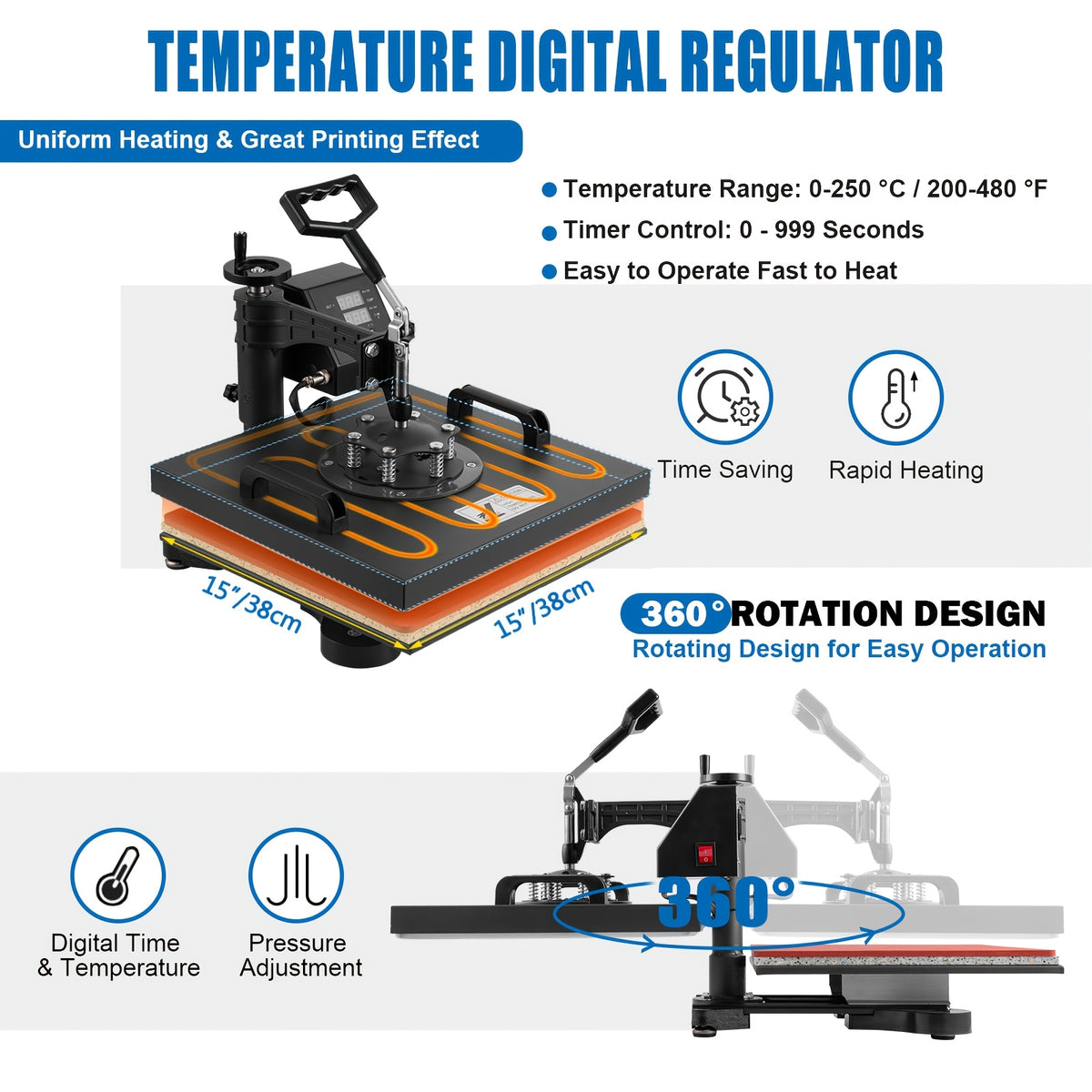 8-in-1 Heat Press Machine, Equipped with 15x15 Inch / 15x12 Inch Pressure Plates, 360° Rotating T-shirt Heat Transfer Machine, Digitally Controlled Dual LED Display, Suitable for Sublimation Transfer on T-shirts, Hats, Mugs, Plates, and Other Items