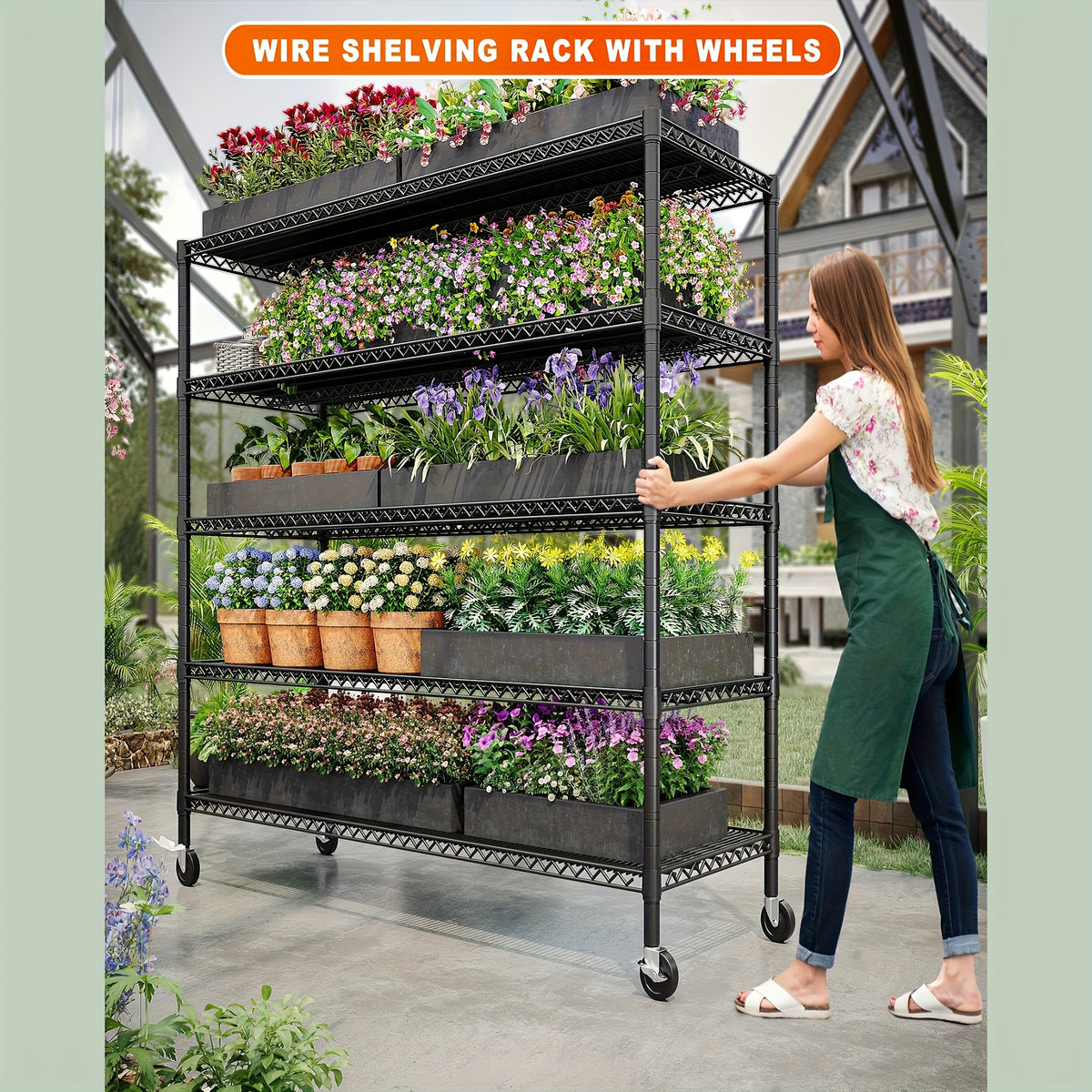 REIBII 85.7" H Storage Shelves 3000LBS 5 Tier Wire Shelving Unit with Wheels 55.5" W Heavy Duty Shelving Rack Adjustable Storage Rack Metal Shelves for Kitchen Pantry 85.7" H X 55.5" W X 24.2" D Storage and Organization