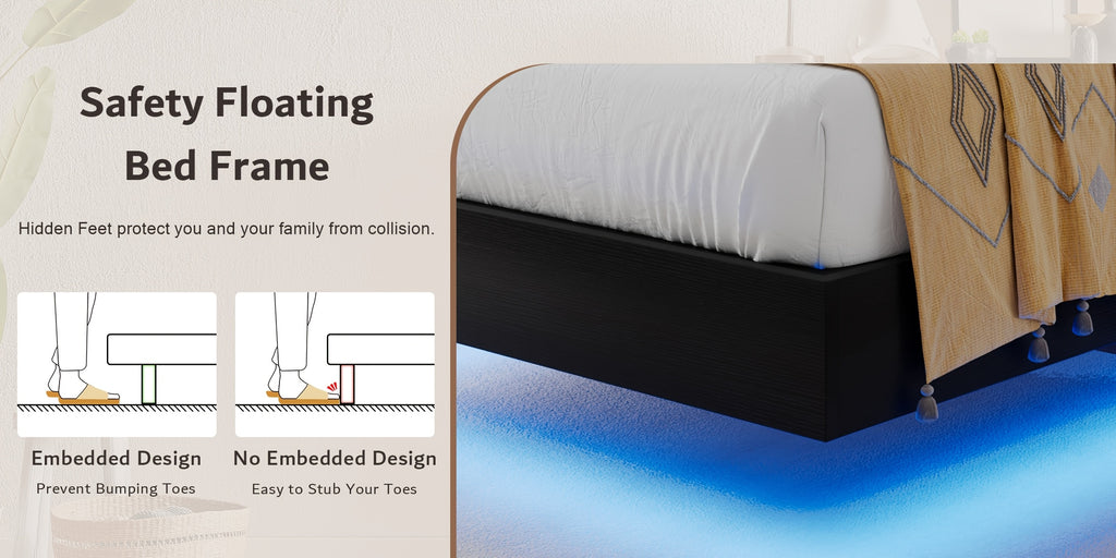 Valnase Floating Bed Frame with LED Lights & Charging Station, Platform Bed with Wooden Storage Headboard, Steel Slats Support, Easy Assembly