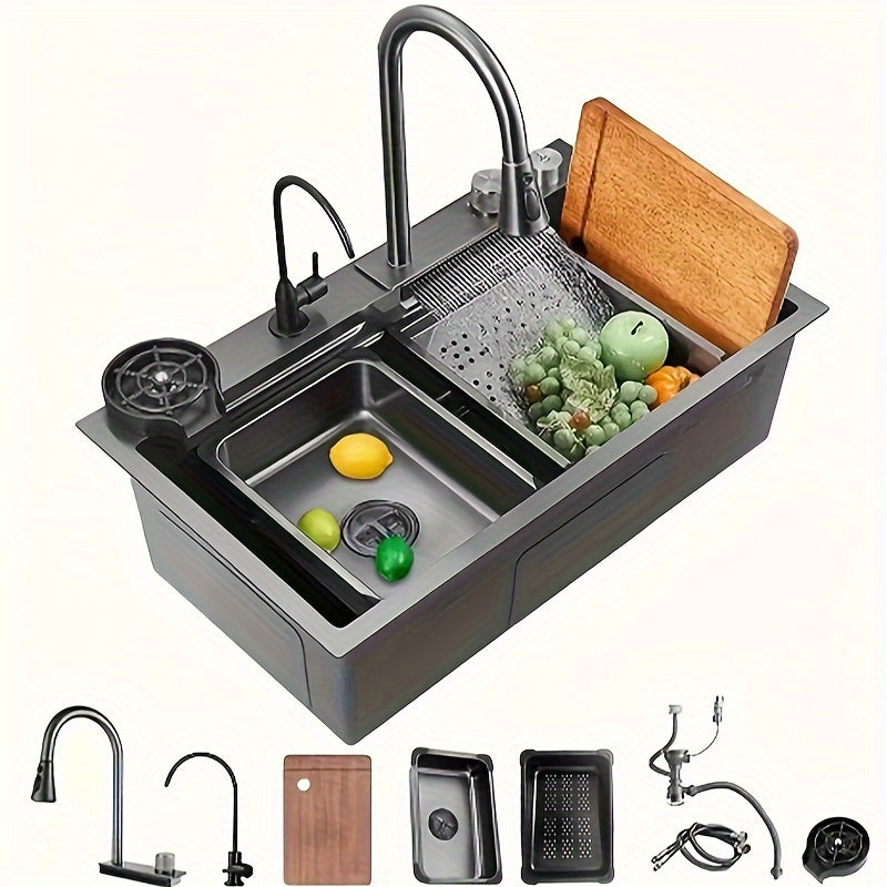 Stainless Steel Kitchen Sink with Waterfall Feature - Single Basin, Built-In/Under Countertop Design, Includes Faucet & Additions Kitchen Faucets for Sinks Kitchen Sink Faucet