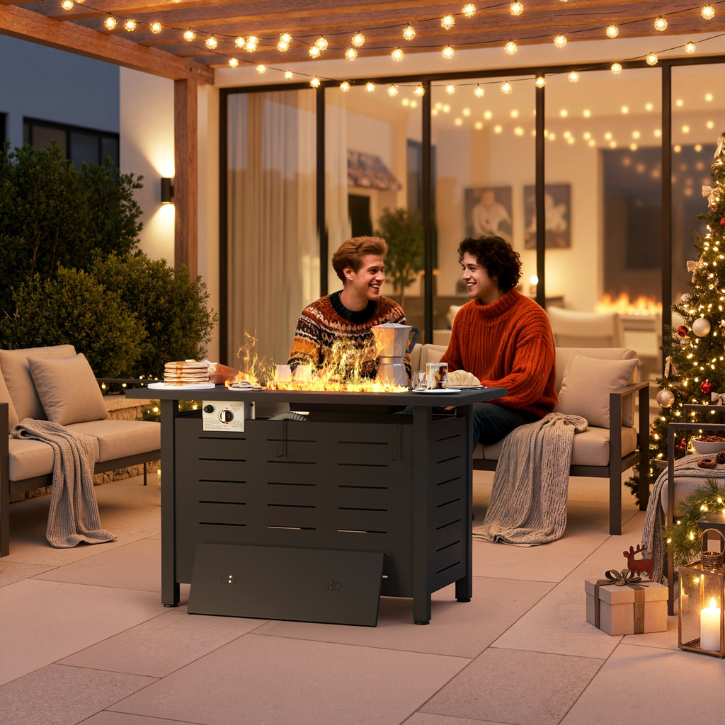 40"/44" Outdoor Propane Fire Pit Table - 50,000 BTU Gas Firepit with Ignition System, Powder-Coated Steel (Black/Brown) W/ Lid, Rocks & Waterproof Cover - Self- for Patio, Backyard, Deck - Propane Heater, BBQ Firewood-Free