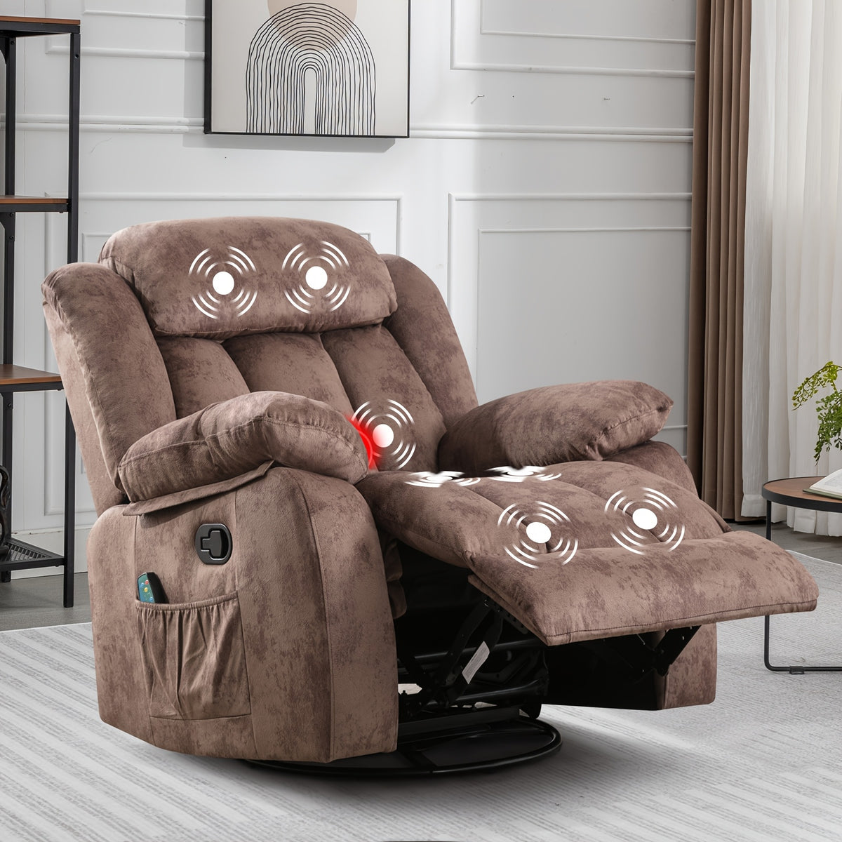 Massage Swivel Rocker Recliner Chair with Heat And Vibration, 360 Degree Swivel Manual Recliners Antiskid Fabric Single Sofa Heavy Duty Reclining Chair for Game & Recreation Room Furniture