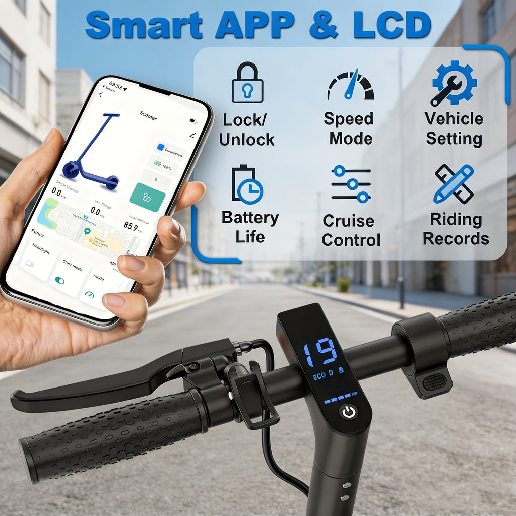Quick Fold Adult Electric Scooter 350W Motor, 8.5" Anti-Slip Solid Tyres, 19MPH Max Speed with 3 Speed Modes, Reinforced Brake, Tough Aluminum Alloy Body, 265LBS Capacity, Built-In Safety Bell, Smart APP & LCD Dashboard, with Headlight Taillight