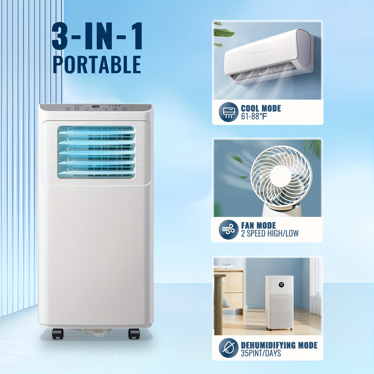 Portable Air Conditioner 8000 BTU, Remote Control, Fan Mode, Cools 250sq. Ft, 24 Hour Timer, Quiet Operation, 2 Fan Speed for Bedroom Office Home Dorm