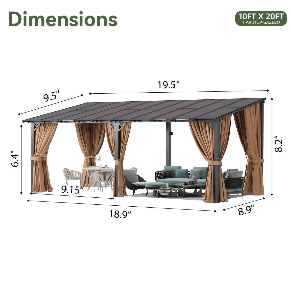 8x10/14x10/12x10/16x10/20x10ft Gazebo, Wall-Mounted Pergola with Drapes, Patio Gazebo Compact Sturdy Hardtop for Gardens Yards Backyard Deck Outdoor(Brown)