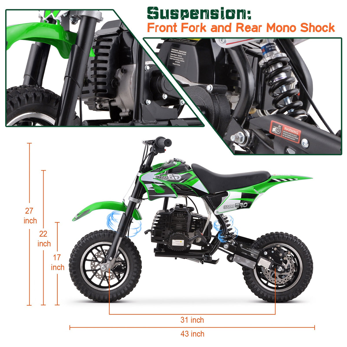 39cc gas powered mini bike, 4-stroke engine motorcycle with a maximum speed of 20 miles per hour, compact off-road bike, durable metal frame, easy to start drawstring system, small energy-saving motorcycle suitable for outdoor exploration, front and rear