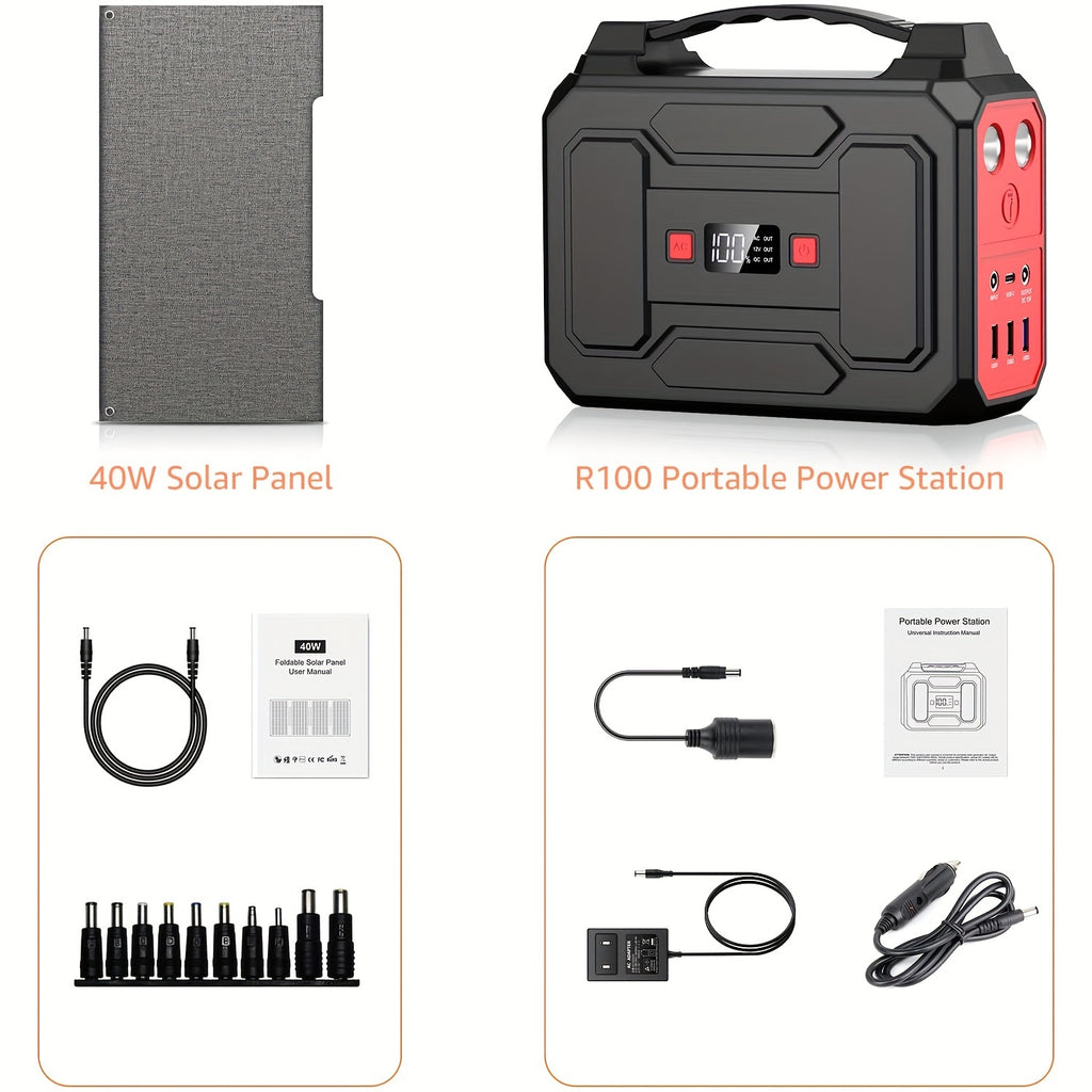 [Outdoor Camping Easter Gif] 100W 146Wh Portable Power Station Solar Generator with Foldable Solar Panel Charger, Laptop Phone Backup Battery Power Bank with AC, DC USB USB-C Output And LED Light for Outdoor Camping Traveling Adventure RV Trip Home Emerge