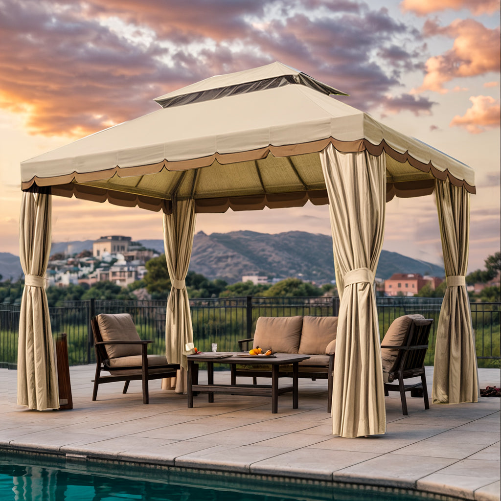 Outdoor Patio Gazebo 10'x13', Heavy Duty Party Tent & Shelter With Double Roofs, Mosquito Nettings And Privacy Screens For Patio Lawn And Garden, Brown