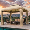 Outdoor Patio Gazebo 10'x13', Heavy Duty Party Tent & Shelter With Double Roofs, Mosquito Nettings And Privacy Screens For Patio Lawn And Garden, Brown