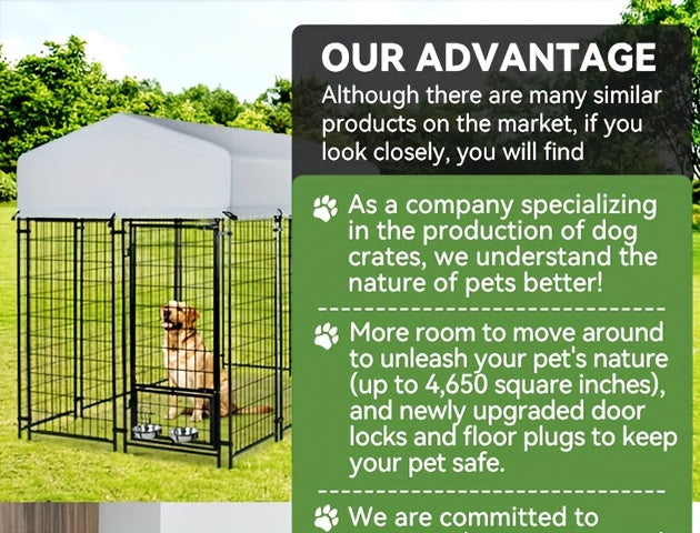 SNDM Outdoor Dog Kennel for Large Dogs, Heavy Duty Welded Wire Steel Dog Playpen Fence with Secure Lock, Dog Pen with Waterproof Roof Cover and 2 Rotating Dog Bowls for Small/Medium/Large Dogs