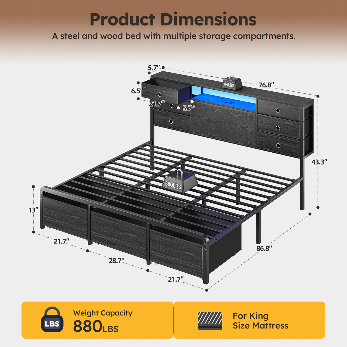 King/Queen/Full Size Storage Bed Frame With 8/9 Drawers & Headboard Storage, Strong Load-Bearing, Multi-Color LED & Power Outlet, Noiseless, Easy Assembly, Black & Tiger Brown