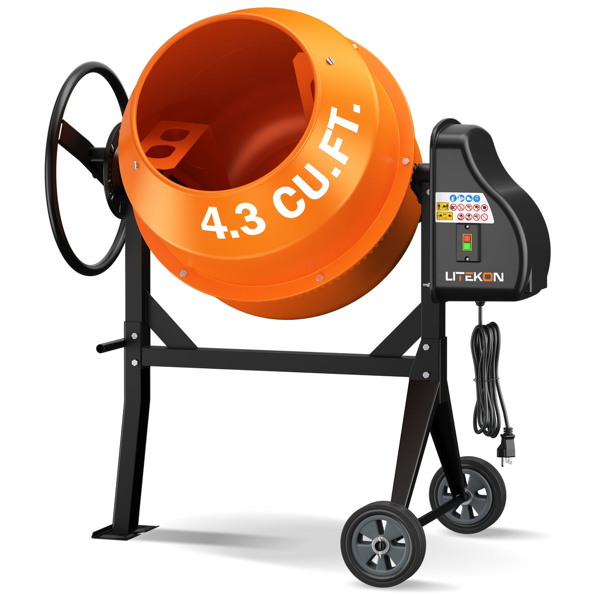 Electric Concrete Mixer with Wheels in 4.3 or 5.3 Cubic Feet for Cement and Mortar Mixing Jobs