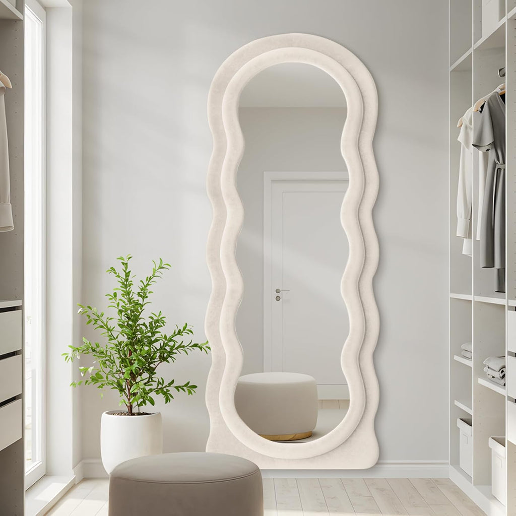 63"x24" Large Arched Full Body Mirror with Hot Pink Flannel Wrapped Frame & Stable Stand - Contemporary Floor Standing or Wall-Mounted/Leaning Mirror for Bedroom, Dressing Room, Entryway - No Electrical Required, Durable Construction