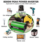 Pure Sine Wave Inverter 8000 Watt (Peak) Vehicle Power Inverter, Converts 12 Vdc to 110 Vdc to 120 Vdc, with LCD Display, Remote Control and Troubleshooting, 4 US Sockets for Car Onboard Chargers, for Home Solar Systems, RV's, and Vans, without Batteries