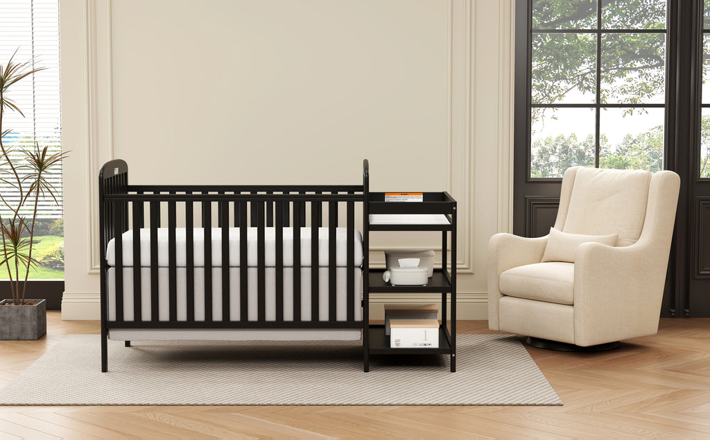 Goldzone 4-in-1 Convertible Baby Crib, Wooden Baby Stuffs Converts Into Toddler Bed with Changing Table, Newborn Essential Items Full Size Nursery Decor Cribs, Adjustable Heights, Item Weight: 56lbs, Maximum Weight Recommendation: 50lbs
