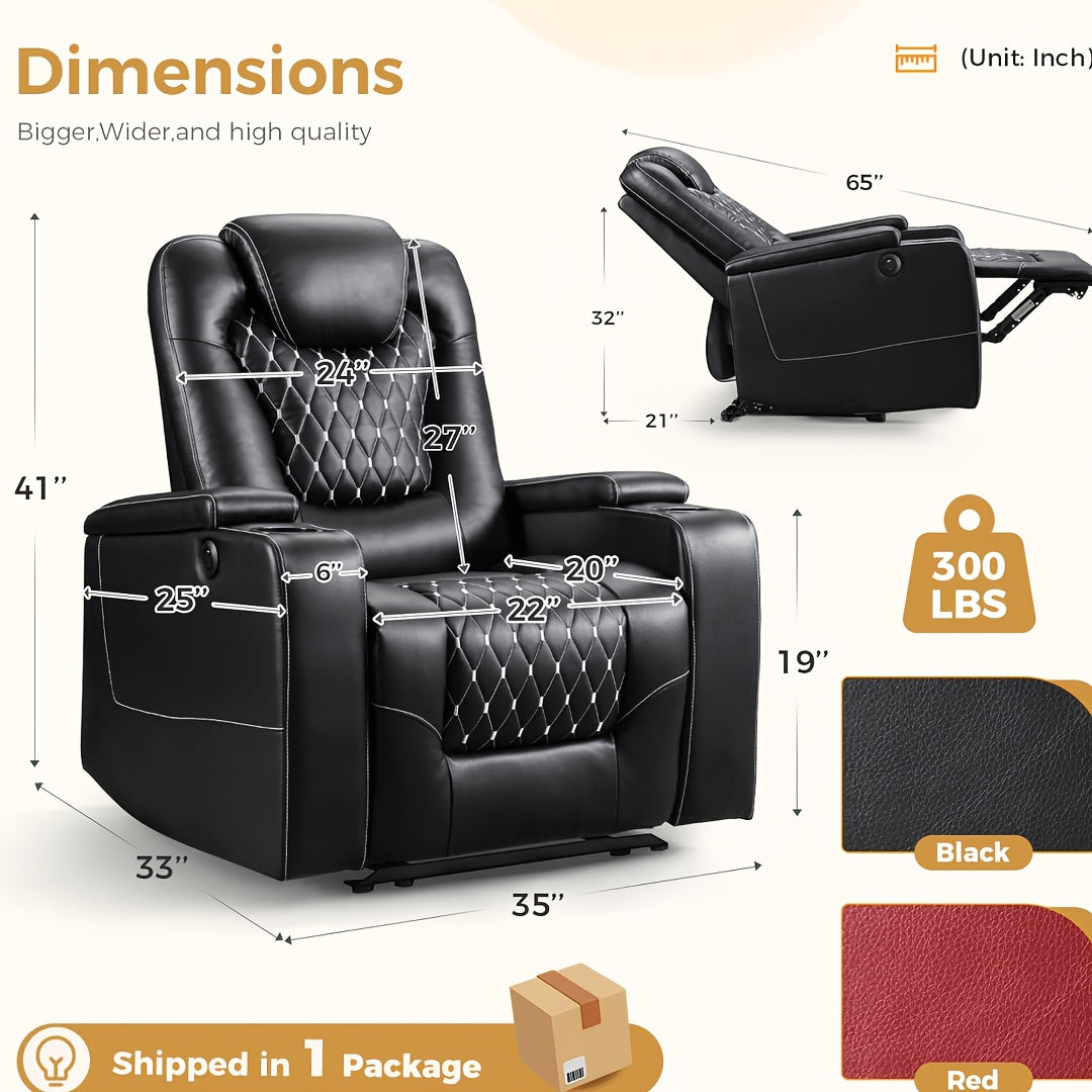 Power Recliner Chair with USB Ports And Cup Holders - Overstuffed Electric Home Theater Seating Faux Leather Reclining Furniture with Hidden Arm Storage, Easy to Clean (Black)