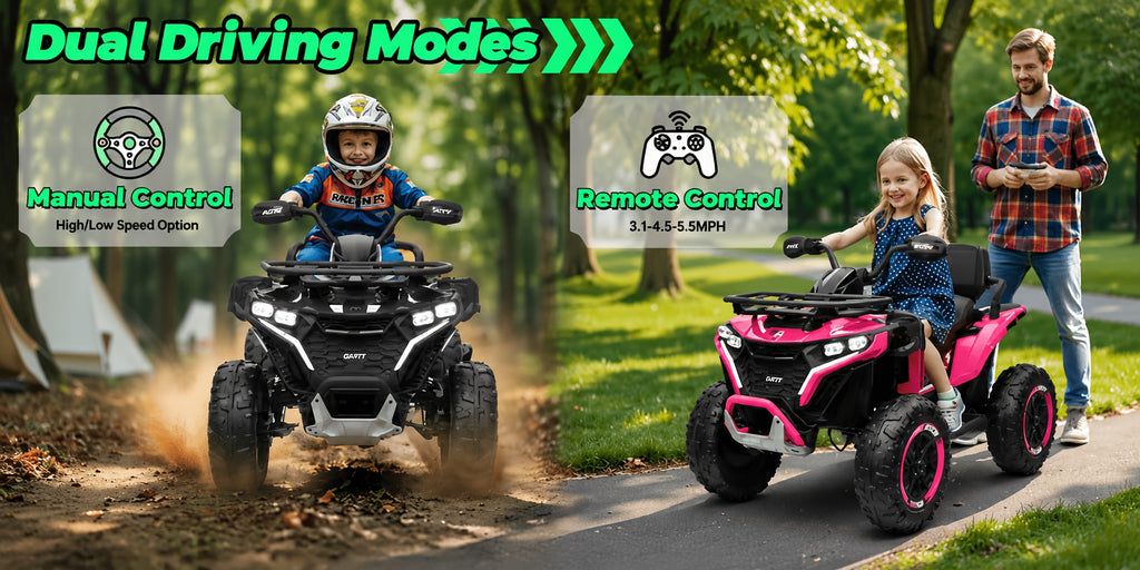 24V Electric Kids ATV Quad, 4WD Off-Road Vehicle, 2-Seater with Leather Seats And Knee Pads, Ride-On for Boys And Girls (/Red//Black) - Ideal Birthday/Christmas/Halloween Gift, 3 Speeds, Remote Control Design