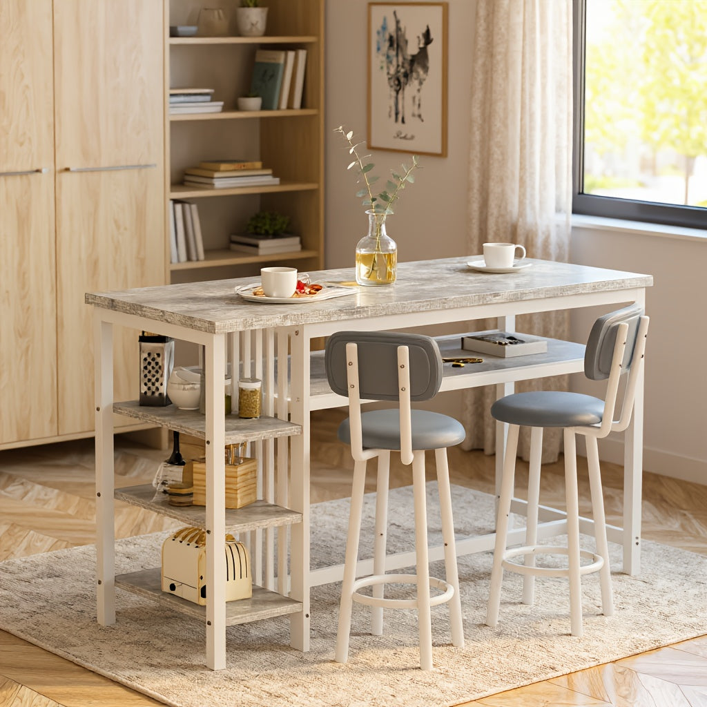 3pcs Dining Room Table Set with Faux Leather Upholstered Bar Stools, Modern Farmhouse Style Dining Table Set with Multiple Tier Storage Shelves, MDF Table Top and Metal Frame, Counter Height Breakfast Nook Table Set for Small Spaces Family