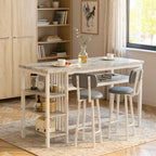 3pcs Dining Room Table Set with Faux Leather Upholstered Bar Stools, Modern Farmhouse Style Dining Table Set with Multiple Tier Storage Shelves, MDF Table Top and Metal Frame, Counter Height Breakfast Nook Table Set for Small Spaces Family