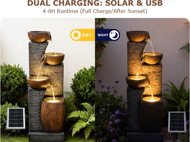 Solar Outdoor Water Fountain, 38.2-Inch 4-Tier Cascading Bowls and Stacked Stones with LED Lights