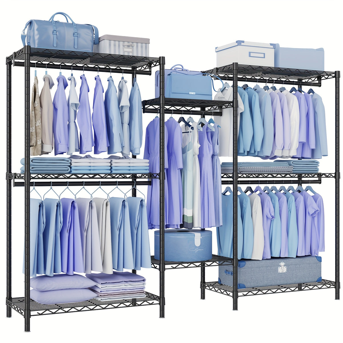 Extra Large Heavy Duty Clothes Rack, 2 Hanging Rods, 11 Dividers, 4 Installation Methods, 1100lb Load Capacity, Size 77"W x 17.7"D x 77"H, Free Standing Metal Wardrobe