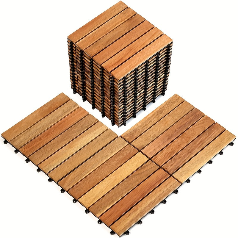 Deck Tiles for Outdoor Patios and Balconies, 54-Piece Acacia Wood Flooring Set for Easy Surface Updates