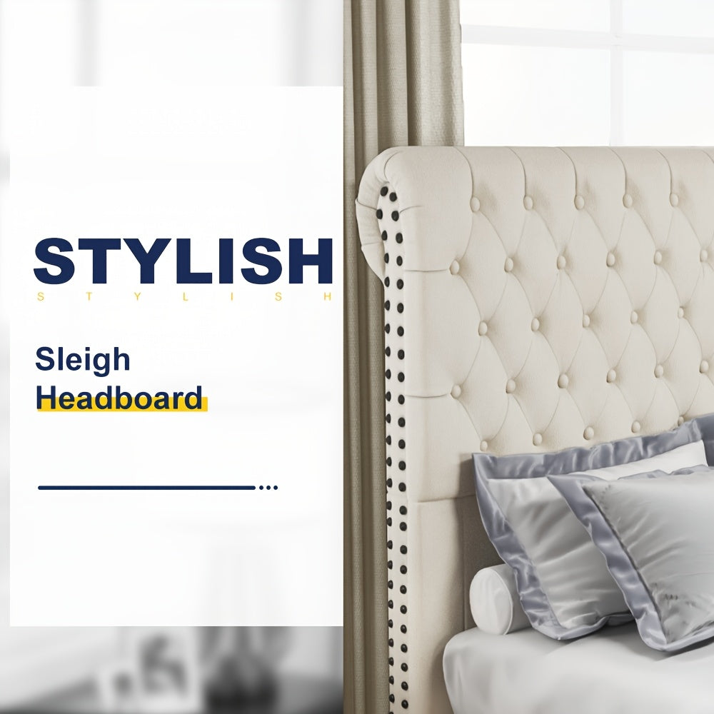 Papajet Upholstered Sleigh Platform Bed Frame with Diamond Button Tufted Headboard