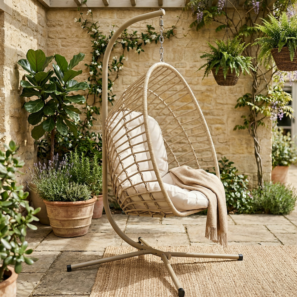 Hanging Egg Chair with Stand Only for Outdoor, Foldable Rattan Wicker Hammock Egg Swing Chair for Porch Patio Garden, 350LBS Capacity, Beige