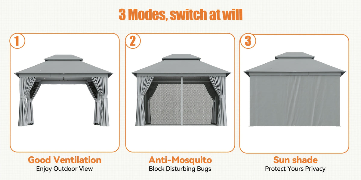 10'X12' Outdoor Double Ventilated Gazebo & Pergola On, Heavy Metal Frame Double Roof, Party Tent with Mosquito Net And Privacy Screen, Suitable for Backyard, Lawn, Garden, Deck (Grey/Beige/Blue 10'X12'/10'X10/8'X8')
