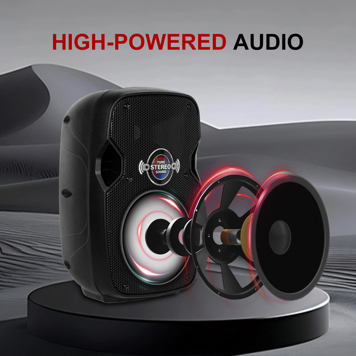 900W P.M.P.O. True Stereo Powered Wireless PA Speaker System with Active and Passive Loudspeakers, Wired Microphone, Stands, Remote, MP3/USB/SD/AUX Inputs
