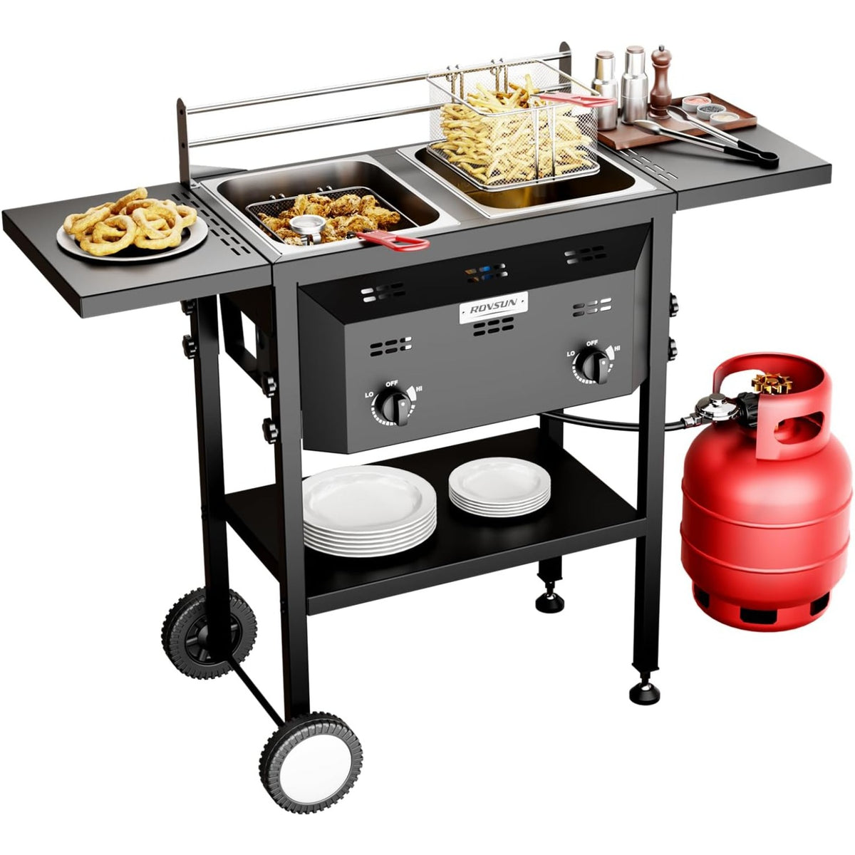 MEFEIR Outdoor Deep Fryer with Dual 8QT Stainless Steel Tank & Basket, Portable Propane Gas Fryer with Rolling Cart, Storage Shelves, Lids & Thermometer for Outdoor Backyard Cooking Frying