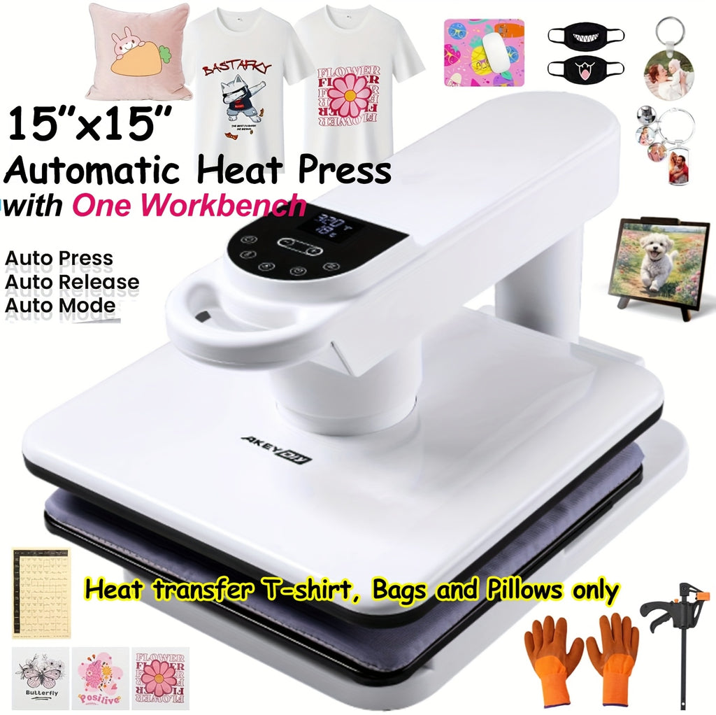 11pcs 8-in-1 - 15"x15"/12"x15" Heat Press Set for T-Shirts, Bags, Pillows, Hats, Beanies, Roller - 12"x10" T-Shirt Machine(Weight 25.35 Lbs) & 15"x15" Auto Single-Workbench & 15"x15" Auto Dual-Workbench Heat Press Only for Cloth, Shirts, Canvas Bags