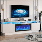 80 Inch LED Entertainment Center with 36 Inch Fireplace, for TVs Up to 90 Inches, Modern Wood TV Cabinet with High-gloss Storage, TV Stand with LED Light Strip Fireplace for Living Room