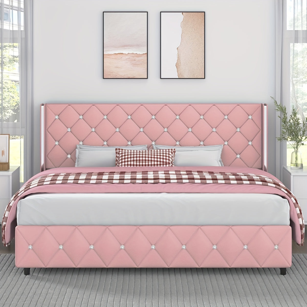 Twin Full Queen King Size Bed Frame, Upholstered Bed Frame with Diamond Tufted Headboard, Modern Silvery Side Wing Back, No Box Spring Needed, Easy Assembly, Purple, Black, Blue, Green, Pink, White