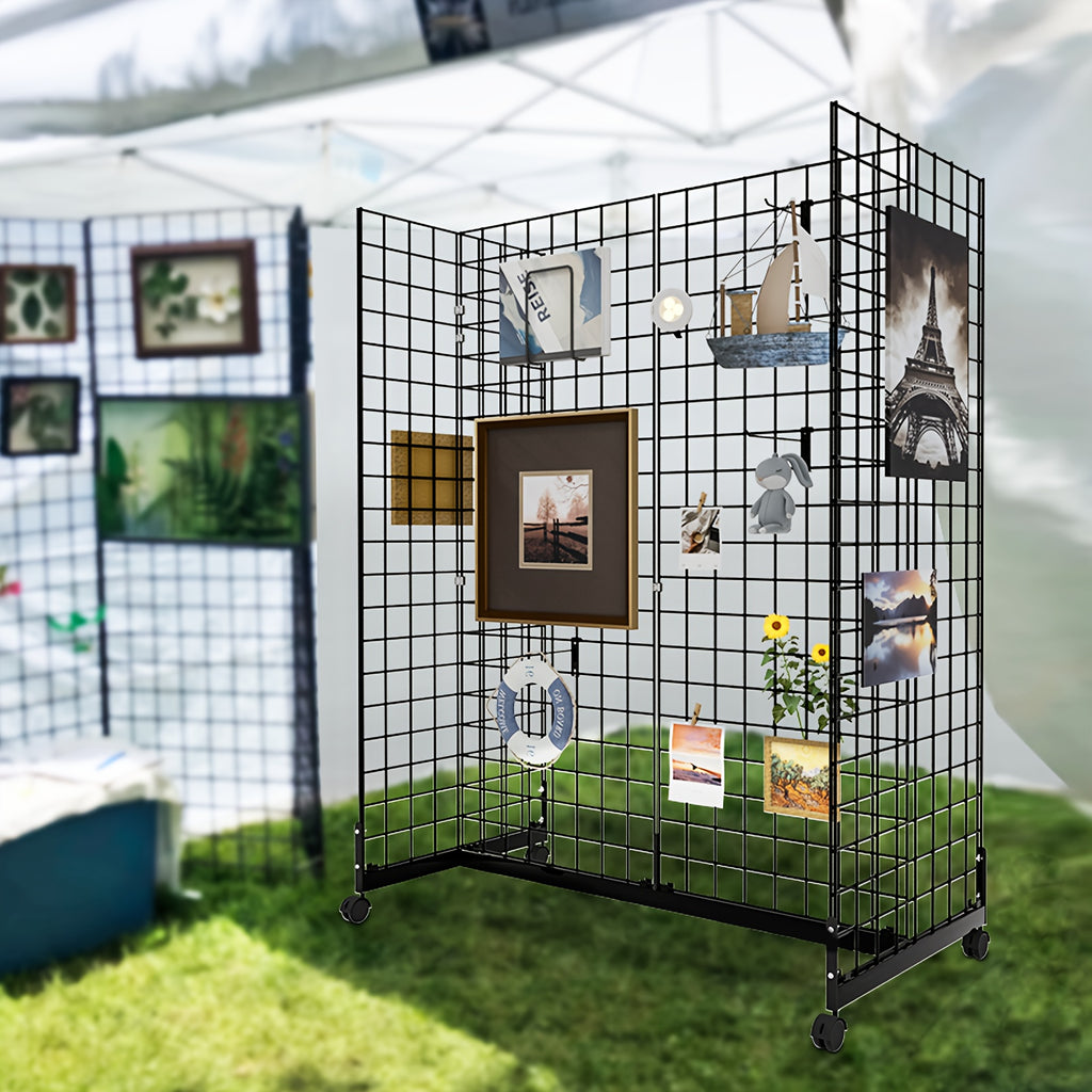 Bonnlo 5' X 2' Floorstanding Gondola Grid Wall Tower, Wire Grid Panel With Rolling Base And Hooks For Retail Display