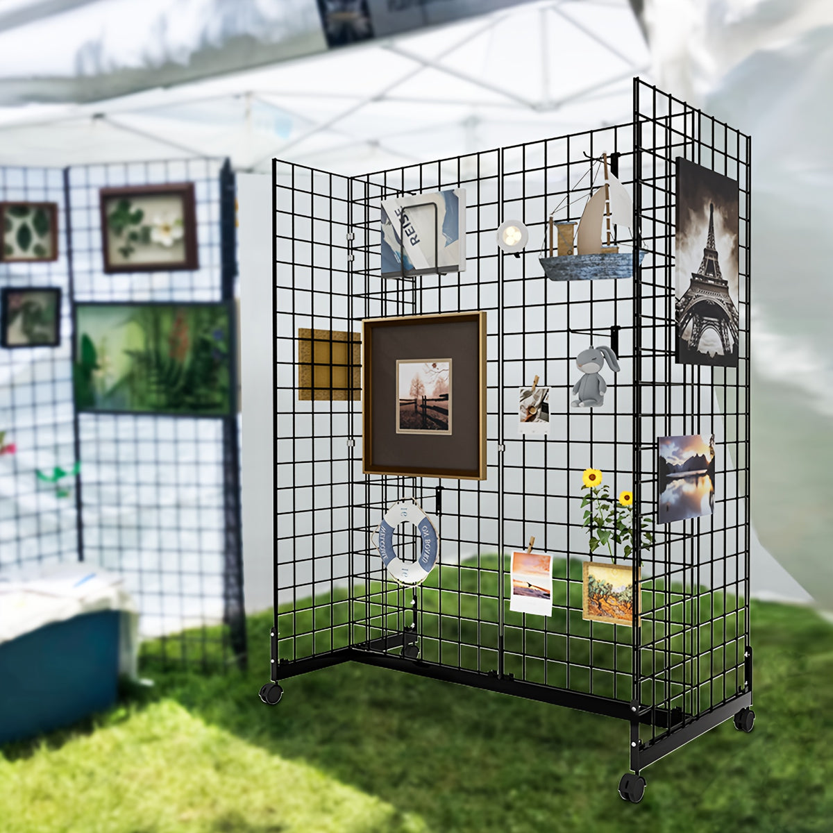 Bonnlo 5' X 2' Floorstanding Gondola Grid Wall Tower, Wire Grid Panel With Rolling Base And Hooks For Retail Display